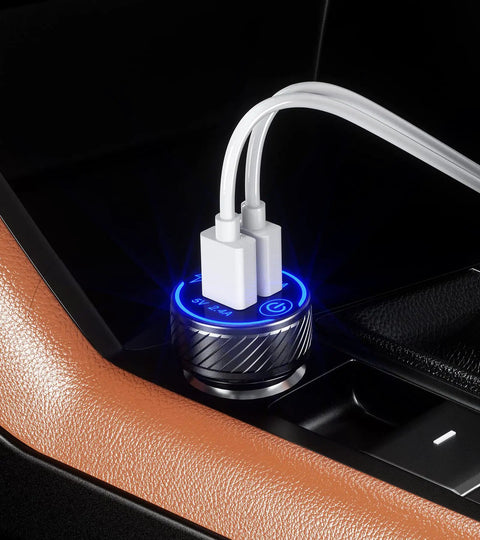 Grab And Go Dual USB Car Charger With Fast Charge Ports Solid Cigarette Lighter Adapter plugged into car console with cables.
