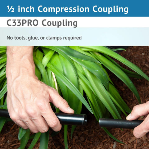 1/2 inch compression coupling for poly irrigation tubing; two hands connect two black tubes outdoors