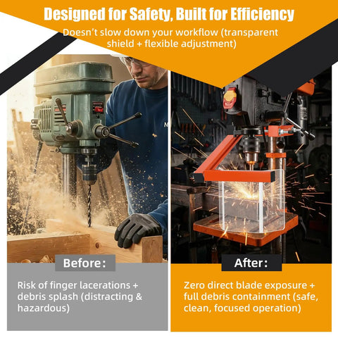 Before and after comparison of a Drill Press Guard With Flip Up Shield For 2 To 4 Inch Column Diameters Adjustable Protective Cover