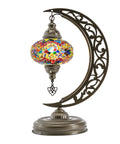 Turkish Moon Shaped Mosaic Table Lamp With Stained Glass Shade, Handmade Boho Vintage Desk Light, Moroccan Inspired