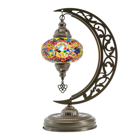 Turkish Moon Shaped Mosaic Table Lamp With Stained Glass Shade, Handmade Boho Vintage Desk Light, Moroccan Inspired