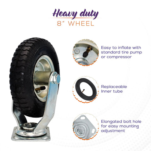 Top Notch 8 Inch Pneumatic Industrial Caster Wheels With Slick Black Rubber Tires For Smooth Rolling And Heavy Duty Floor Protection Steel Hub Ball Bearing Swivel Base Pack Of 2, featuring heavy-duty swivel design.