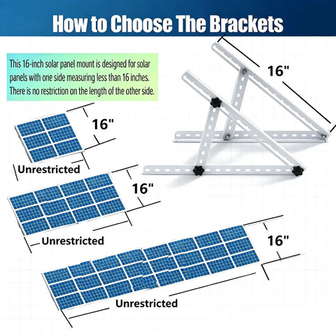 Illustration of 16 Inch Solar Panel Mounting Brackets Kit With Adjustable Tilt And Foldable Legs showing size compatibility.