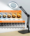 10X Magnifying Glass With Light And Stand, 84 LEDs, 2 In 1 Magnifier Lamp showing color modes and brightness levels chart