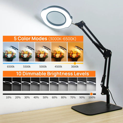 10X Magnifying Glass With Light And Stand, 84 LEDs, 2 In 1 Magnifier Lamp showing color modes and brightness levels chart