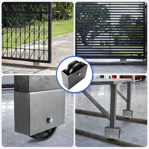 Built Like A Tank 6 Inch By 2 Inch Cast Iron V Groove Sliding Gate Wheels With Welded Bracket Box on gates and supports.