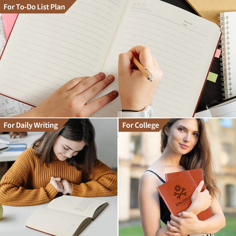 Hands writing in Engineer Definition Leather Journal Notebook For Gearheads And Builders, great gift for engineering students and pros.