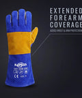 Blue 16 Inch Welding Gloves Fire Resistant Leather With Double Layer Padding For Stick Welders MIG Flux Core Forge Blacksmith Fireplace Wood Stove Fire Pit Grill Oven Furnace Handling Heavy Duty Materials shown in extended forearm coverage.