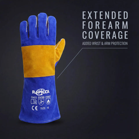 Blue 16 Inch Welding Gloves Fire Resistant Leather With Double Layer Padding For Stick Welders MIG Flux Core Forge Blacksmith Fireplace Wood Stove Fire Pit Grill Oven Furnace Handling Heavy Duty Materials shown in extended forearm coverage.
