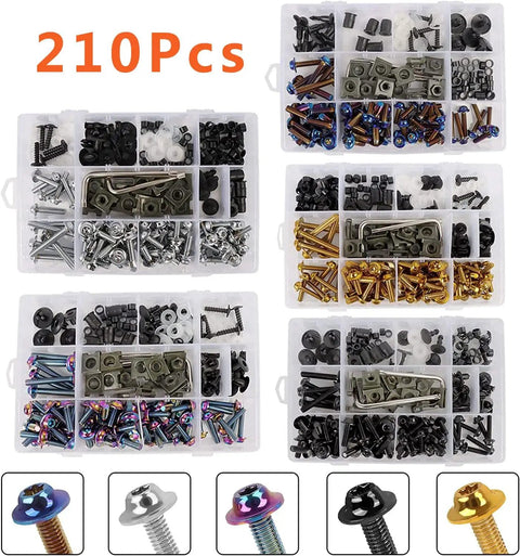 Ultimate 210-Piece Stainless Steel Fairing Bolt And Fastener Kit For Top Motorcycles featuring diverse colored bolts and clips.