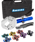 Portable Hydraulic AC Hose Crimper Kit With Snap-On Dies, handheld crimp tool set for AC hose repair, includes colored dies.