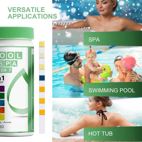 7 In 1 Pool Test Kit With 100 Strips For Home Pool Care Accurate pH Total And Free Chlorine Bromine Hardness Alkalinity And Cyanuric Acid Testing For Pools Hot Tubs And Spas Easy To Read And User Friendly bottle, strips, and versatile use for spas, pools, and hot tubs.