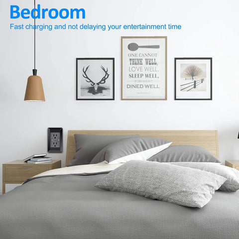 Heavy Duty Dual Usb Wall Outlet With Slick Black Faceplate And Rapid 15 Amp Receptacle For Lightning Fast Phone Charging in a modern bedroom.