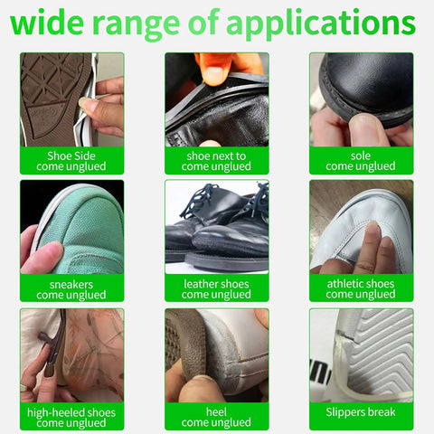 Image showing various shoe repair applications for Heavy Duty Shoe Glue For All Shoes, Clear Waterproof Sole Repair Adhesive.