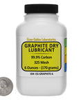 Dry Graphite Lubricant Powder 99 Point 9 Percent ACS Grade Fine 325 Mesh 6 Ounce Bottle beside a quarter coin for scale.