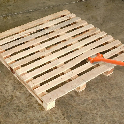 28 Inch Demo Bar With Two Tine Wrecking Bar Heavy Duty Pallet Buster all steel handle prying a wooden pallet for deck board removal