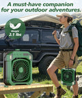 Person holding Camping Fan Battery Powered And Solar Powered Lightweight Portable Cordless Fan With Light outdoors