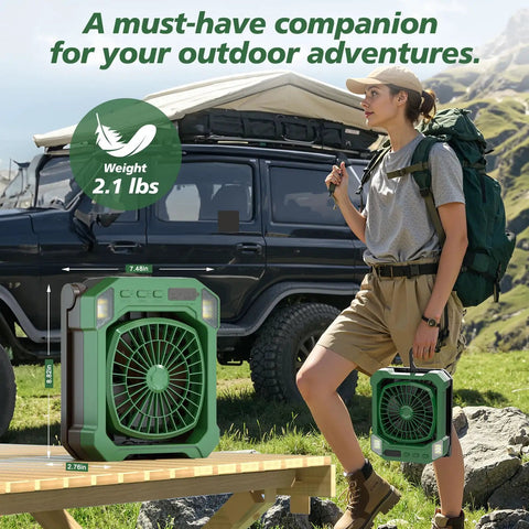 Person holding Camping Fan Battery Powered And Solar Powered Lightweight Portable Cordless Fan With Light outdoors