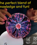 Plasma Ball Essential STEM Tool For Curious Minds A 5 Inch Glass Sphere With An Awesome Interactive Electric Light Show Learn Electricity Matter And Energy Through a Sound Activated High Voltage Neon Glow, 5-inch glass plasma ball on white base