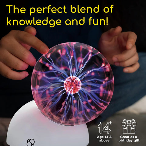 Plasma Ball Essential STEM Tool For Curious Minds A 5 Inch Glass Sphere With An Awesome Interactive Electric Light Show Learn Electricity Matter And Energy Through a Sound Activated High Voltage Neon Glow, 5-inch glass plasma ball on white base