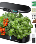 Indoor Hydroponics Growing System Kit With 12 Pods For Herbs Vegetables And Lettuce Dope Smart Environmental Detection Full Spectrum LED Grow Light Auto Timer Faster Growth Home Garden Starter, showing basil and tomatoes in compact unit