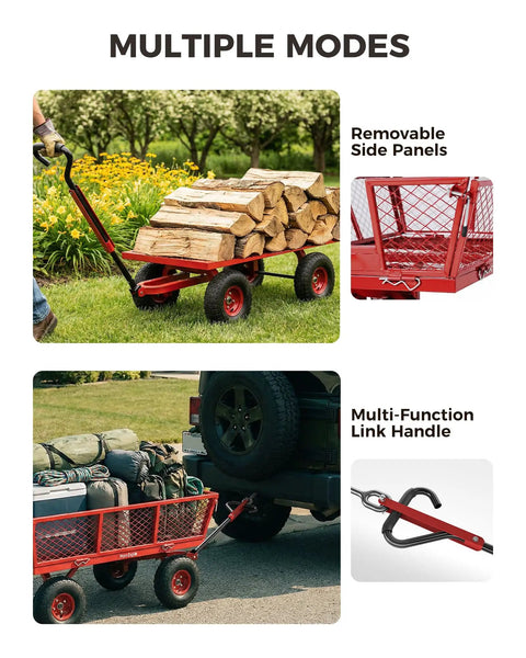 Heavy Duty Steel Garden Cart On Wheels With Removable Mesh Sides That Flip To Flatbed 880 Lb Capacity Outdoor Yard Wagon in use