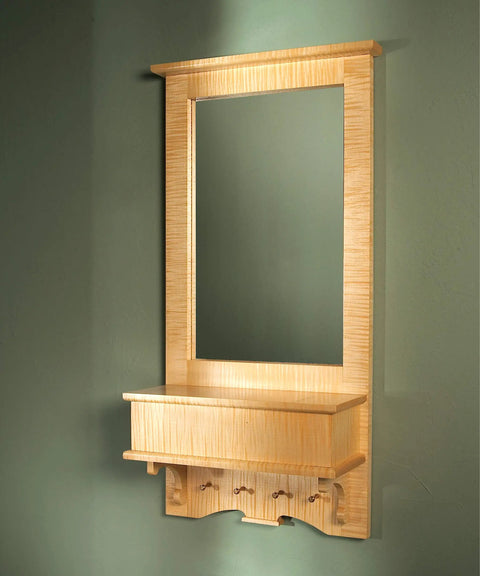 Wooden mirror with shelf and hooks, designed from light wood, illustrating the Ultimate Picture Frame Builder Handbook Featuring Twelve Straightforward To Stunning Woodworking Projects With Real Deal Hacks For Matting Mounting Router Moldings And Table Saw Cuts Zero Jig Drama Guaranteed.