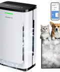 Large Pet Air Purifier For Homes Up To 4200 Sq Ft With 7 Stage H13 HEPA Filter, an image showing purifier, app, cat, dog, and hair filter