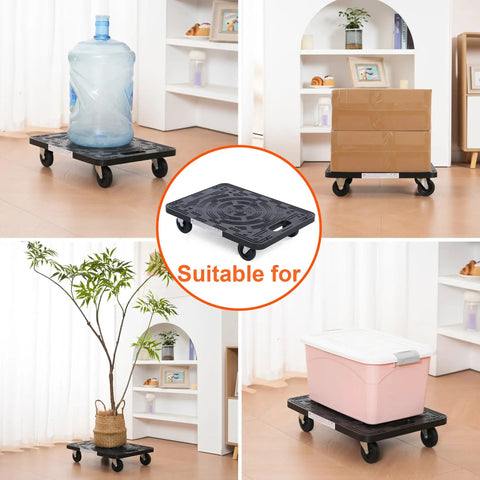 Lightweight Polypropylene Dolly With 200 Lb Capacity carrying water bottle, boxes, plant, and storage bin in different scenarios.