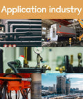 Collage of industrial applications including machinery, construction, piping systems, and city skyline.