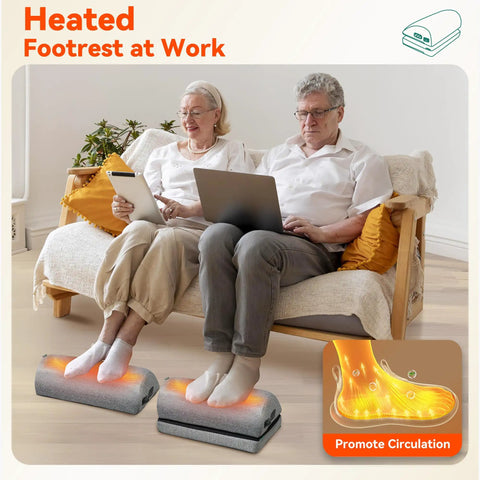 Seniors using Under Desk Heated Foot Rest With Adjustable Height And Dual Heat Levels For Office Gaming Or Home Use Comfy Foot Warmer