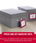 Storage boxes with press and set adhesive dots, labeled A and B, demonstrating Sticky Back Hook And Loop Fasteners 5/8 Inch White Pack Of 15 For Home Office And Classroom Organization That Make Tidy Up A Breeze Desks Folders Nametags Whiteboard Accessories And More
