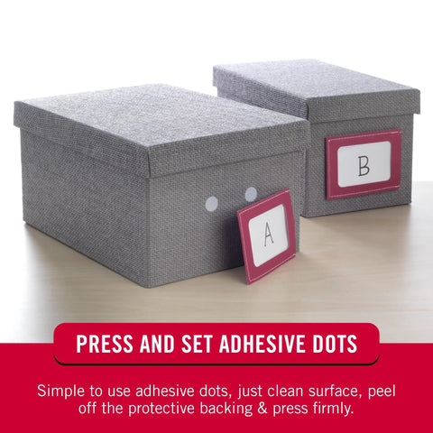 Two storage boxes labeled A and B, showcasing Top Notch Peel And Stick Hook And Loop Fastener Dots Beige Medium Three Quarter Inch Circles.