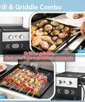 Two Burner Griddle Grill Combo With Cast Iron Plate, 20000 BTU Propane Gas BBQ For Camping, Patio Or Balcony, 191 Sq In Flat Top Surface, Lightweight And Space Saving Grill For 1 To 2 People showcasing grilling and griddling options.