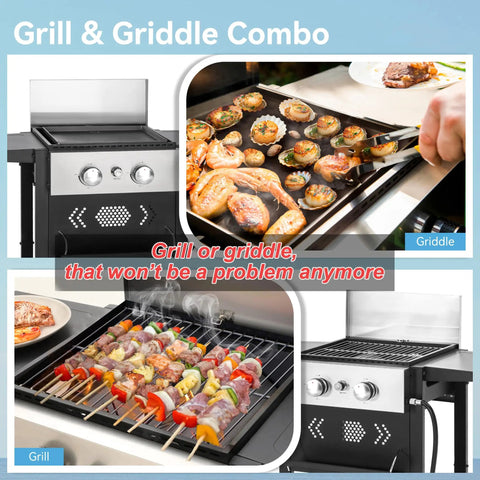 Two Burner Griddle Grill Combo With Cast Iron Plate, 20000 BTU Propane Gas BBQ For Camping, Patio Or Balcony, 191 Sq In Flat Top Surface, Lightweight And Space Saving Grill For 1 To 2 People showcasing grilling and griddling options.