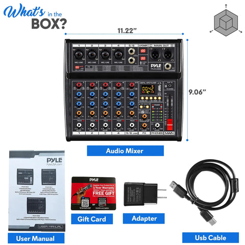 Bluetooth DJ Mixer With 6 Channel Control And DSP Effects 16 Presets USB Interface 4 XLR Mic Or Line Inputs Aux Output FX Processor MP3 Player And Headphone Jack with accessories, gift card, adapter, and USB cable.