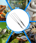 Collage of animals and Two Pack Reptile Feeding Tongs 10.6 Inch Straight And Curved Extra Long Tweezers Pro Grade Stainless Steel Feeding Tools.