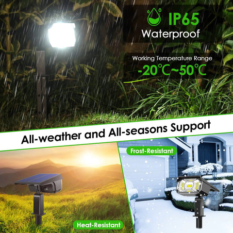 Solar Spotlight 40 LED Outdoor Lights USB and Solar Powered IP65 waterproof landscape lights in various weather conditions.