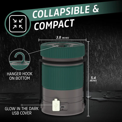 Hybrid Solar Lantern Go To Camping Buddy with USB or AA Battery, collapsible and compact design with glow-in-the-dark USB cover.