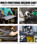 Collage of 36 By 24 Inch Beefy Heavy Duty Welding Table On Wheels With Storage And Pegboard Portable Steel Welding Bench