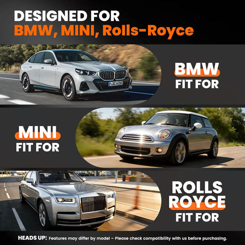 Three cars—BMW, MINI, Rolls-Royce—compatible with BM700 Pro BMW Scanner With Auto VIN And Battery Registration Tool shown.