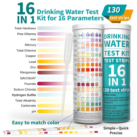 16 in 1 Drinking Water Test Kit with 130 Strips for Total Hardness, Chlorine, Iron, pH, and More, Easy at Home Use.