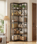 L Shaped Industrial Corner Bookshelf With Six Tier Storage For Living Room And Office, Sturdy Metal Frame And Particle Board, Space Saving Bookcase