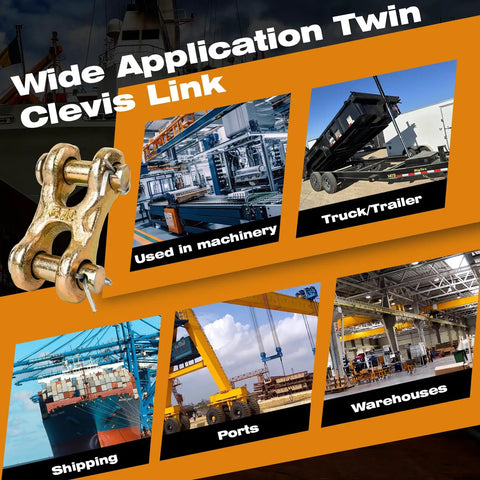 Tough As Nails 3/8 Inch Twin Clevis Link Pack Of 2 Forged From G70 Alloy Steel With Rust Resistant Zinc Coating For No Fuss Auto Towing And Ranch Rigging Work Rated For 6600 Lbs Working Limit showcased in machinery and shipping.