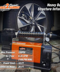 Heavy Duty Portable 12V Air Compressor Kit And Tire Inflator Beast With 150 Psi Max Pressure And 6 Point 35 Cfm Flow Built Tough For 4X4 RV ATV Car And SUV Road Trips No Sweat Operation next to a car tire.