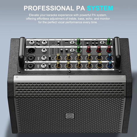 200W Portable Karaoke Machine With 5 Channel Mixer Bluetooth PA System showing control panel and knobs.