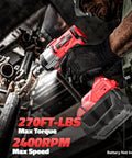 Person using cordless 3/8 inch impact wrench with 250 foot pound torque on metal pipe, brushless electric power, 2400 RPM