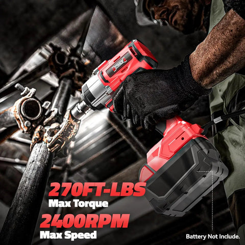 Person using cordless 3/8 inch impact wrench with 250 foot pound torque on metal pipe, brushless electric power, 2400 RPM