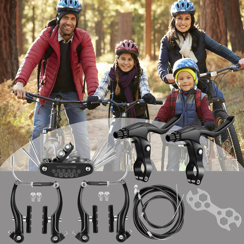 Beefed-Up All-In-One Bike Brake Kit for most bicycles and mountain bikes with calipers, cables, and multitool in black finish