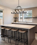 Farmhouse Kitchen Island Light With Ten Lights Rectangular Tapered Open Frame In Gray Oak Finish Rustic Modern Pendant Fixture For Big Kitchen Islands Industrial Style Chandelier That Brings Warm Bright Glow over kitchen island.
